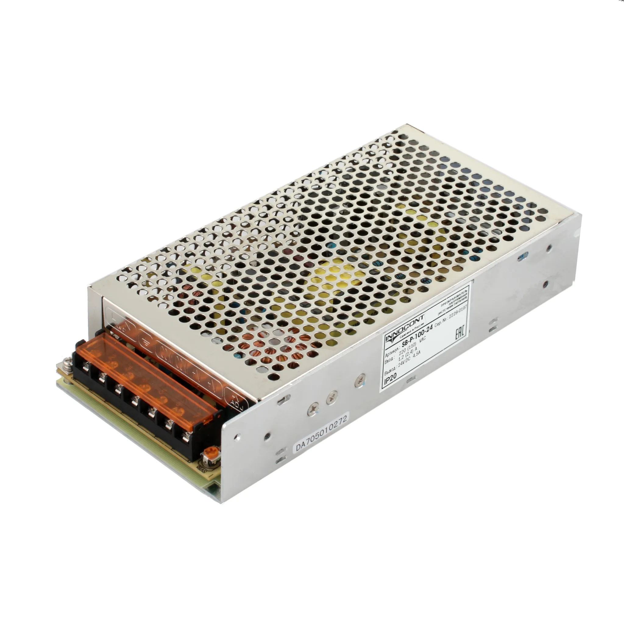Источник питания INNOCONT. Вход: 220VAC, 1.2А, выход: 100W, 24VDC, 4.5A, -10 +50С, IP20,типы защиты: КЗ, перегрузка, перенапряжение SB-P-100-24