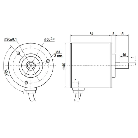 Инкрементальный энкодер D=40мм, выступающий вал 8мм, 360 имп/об, 5VDC, выход TTL, IP54, -20…+80°C, радиальный кабель 2м