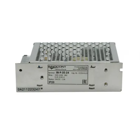 Источник питания INNOCONT. Вход: 220VAC, 0.45А, выход: 35W, 24VDC, 1.5A,-10 +50С, IP20, типы защиты: КЗ, перегрузка, перенапряжение SB-P-35-24
