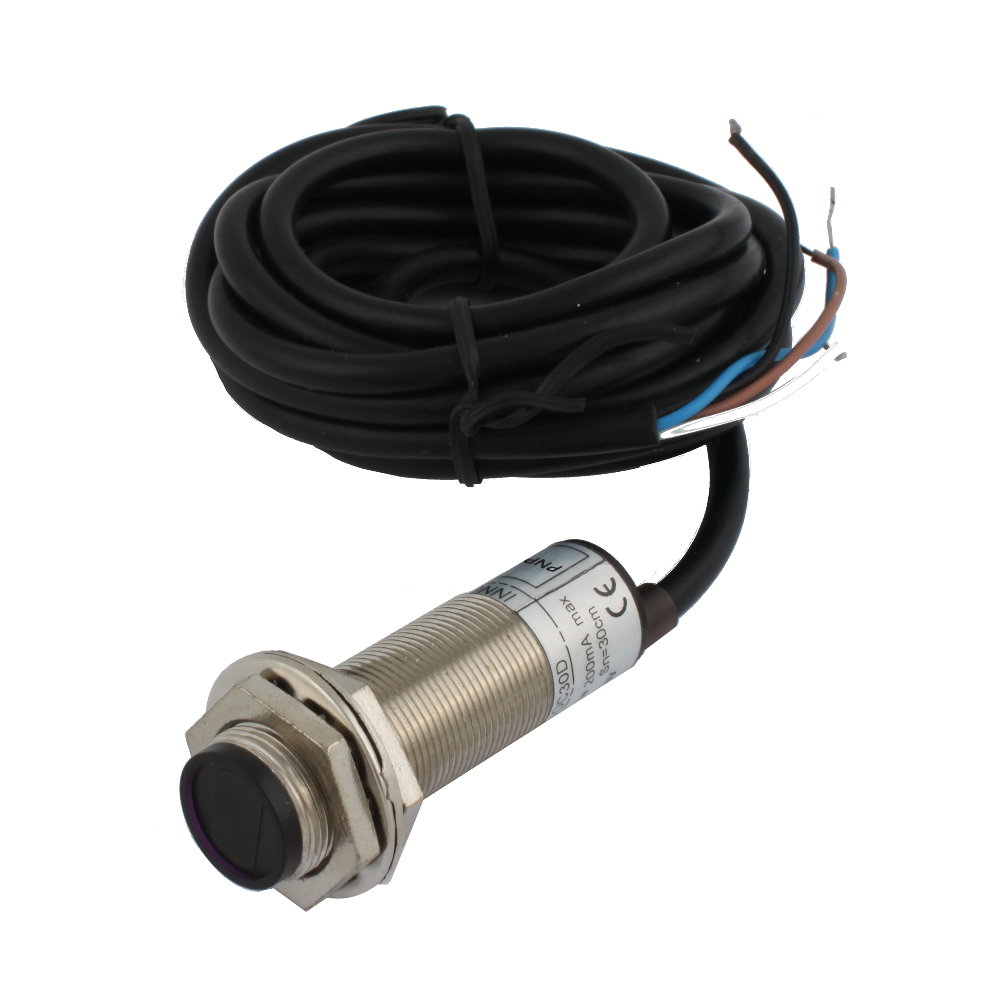 INNOCONT Фотодатчик диффузионный, М18x1, зона срабатывания до 30 см, -10 +60 С, 12…24 VDC, IP67, выход: PNP NO + NC, макс. ток 200 мА, время реакции 3 мс, кабель 2 м PES-D18-POC30D (cable)