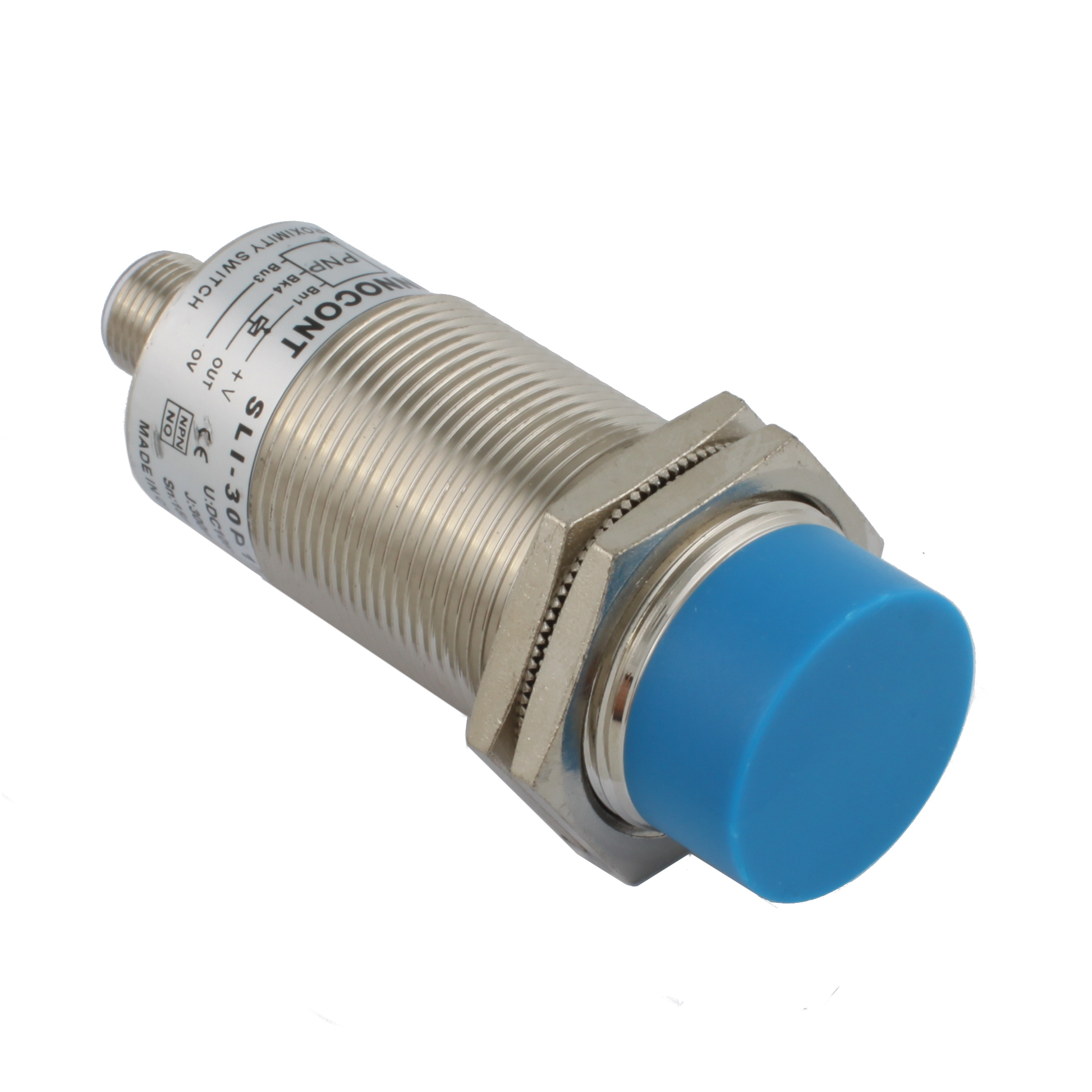 INNOCONT Индуктивный датчик, M30x1,5, L=78 мм, неэкранированный, зона срабатывания 15 мм, -25 +60 С, 12…24 VDC, IP67, выход: PNP NO, макс. ток 200 мА, разъем M12 SLI-30P15C