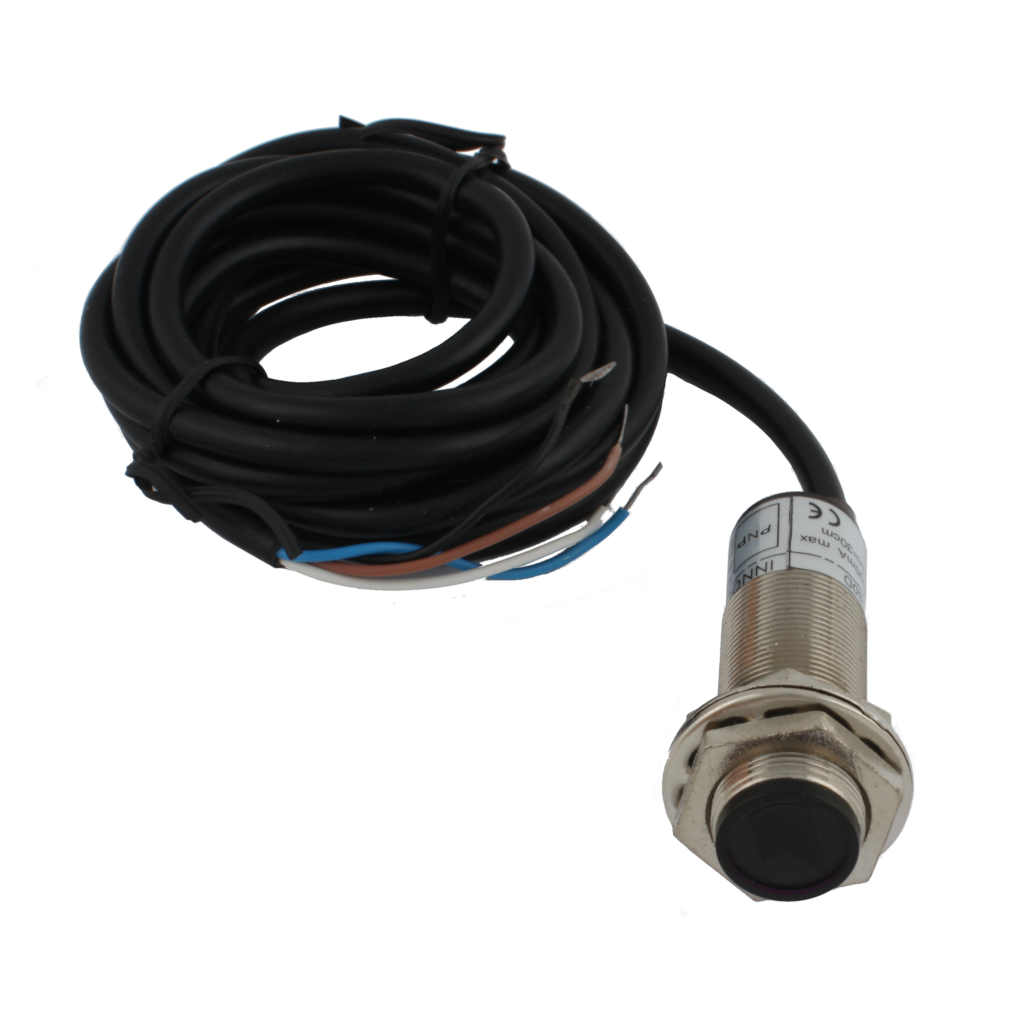 INNOCONT Фотодатчик диффузионный, М18x1, зона срабатывания до 30 см, -10 +60 С, 12…24 VDC, IP67, выход: PNP NO + NC, макс. ток 200 мА, время реакции 3 мс, кабель 2 м PES-D18-POC30D (cable)