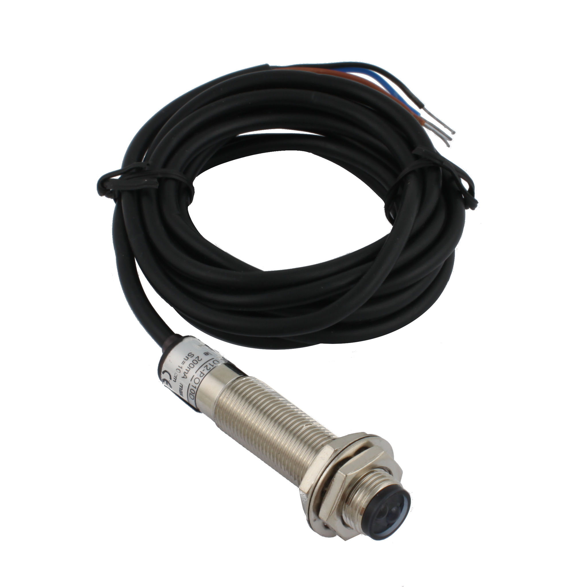 INNOCONT Фотодатчик диффузионный, М12x1, зона срабатывания до 10 см, -10 +60 С, 12…24 VDC, IP67, выход: PNP NO, макс. ток 200 мА, время реакции 3 мс, кабель 2 м PES-D12-PO10D