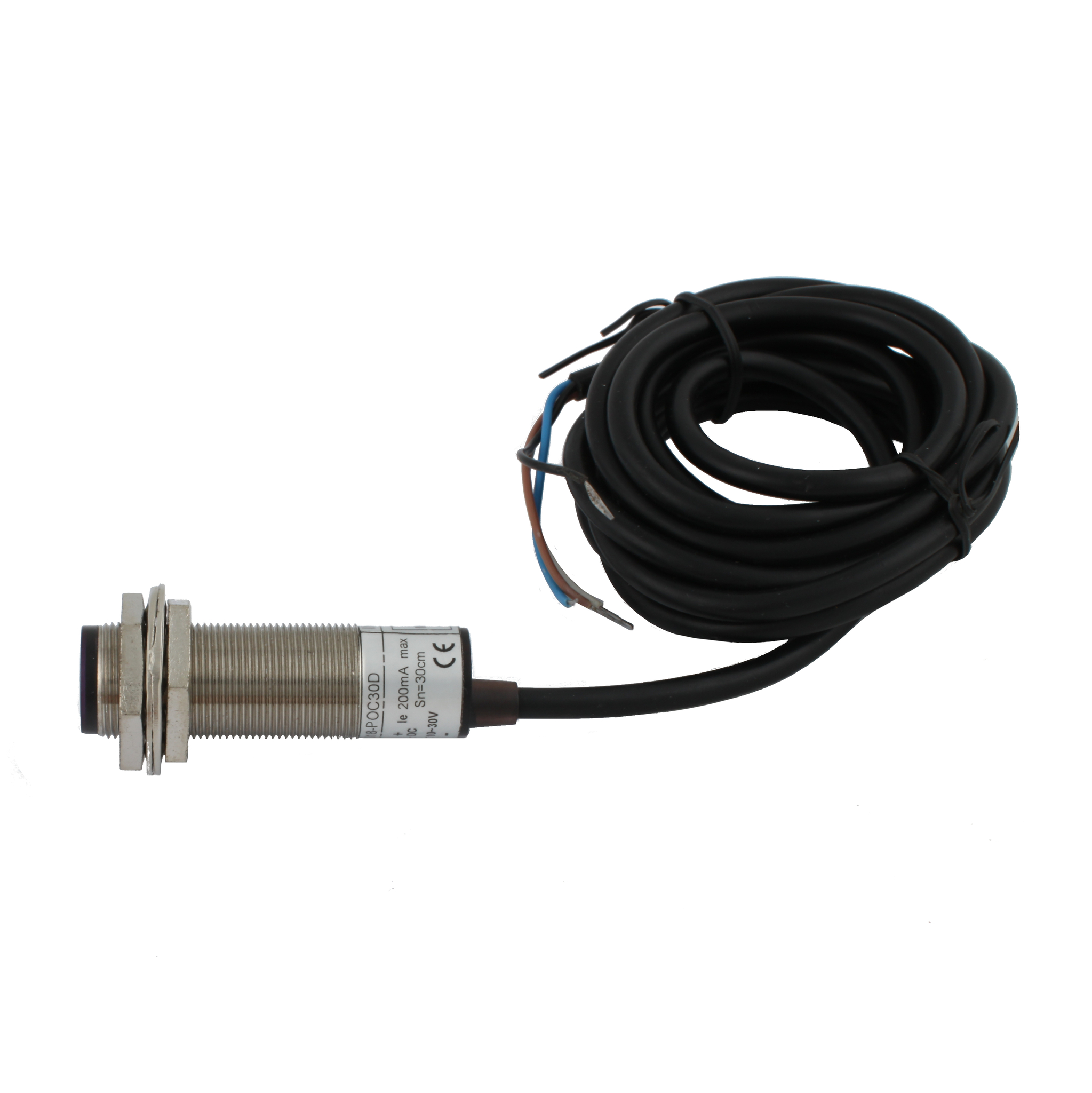 INNOCONT Фотодатчик диффузионный, М18x1, зона срабатывания до 30 см, -10 +60 С, 12…24 VDC, IP67, выход: PNP NO + NC, макс. ток 200 мА, время реакции 3 мс, кабель 2 м PES-D18-POC30D (cable)