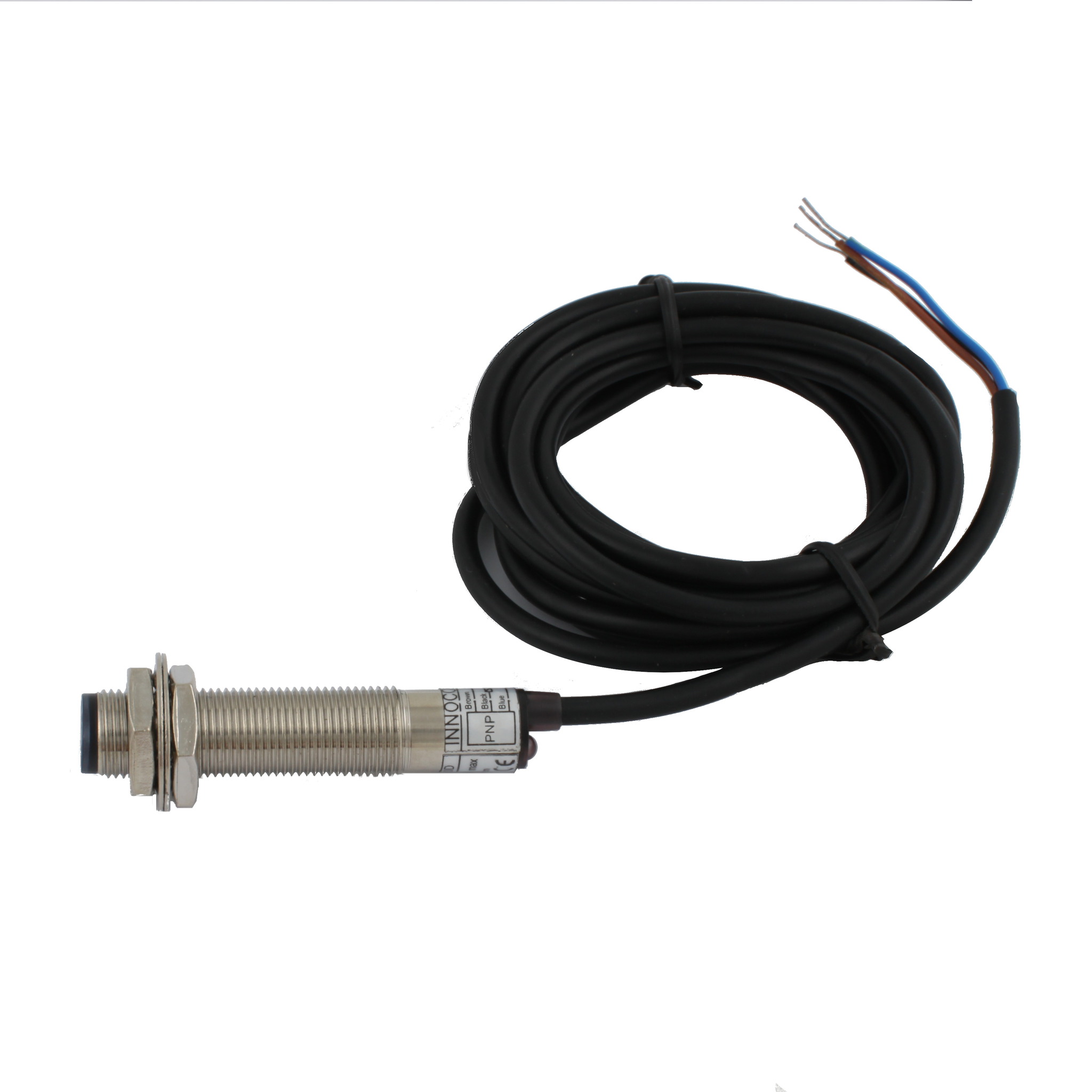 INNOCONT Фотодатчик диффузионный, М12x1, зона срабатывания до 10 см, -10 +60 С, 12…24 VDC, IP67, выход: PNP NO, макс. ток 200 мА, время реакции 3 мс, кабель 2 м PES-D12-PO10D